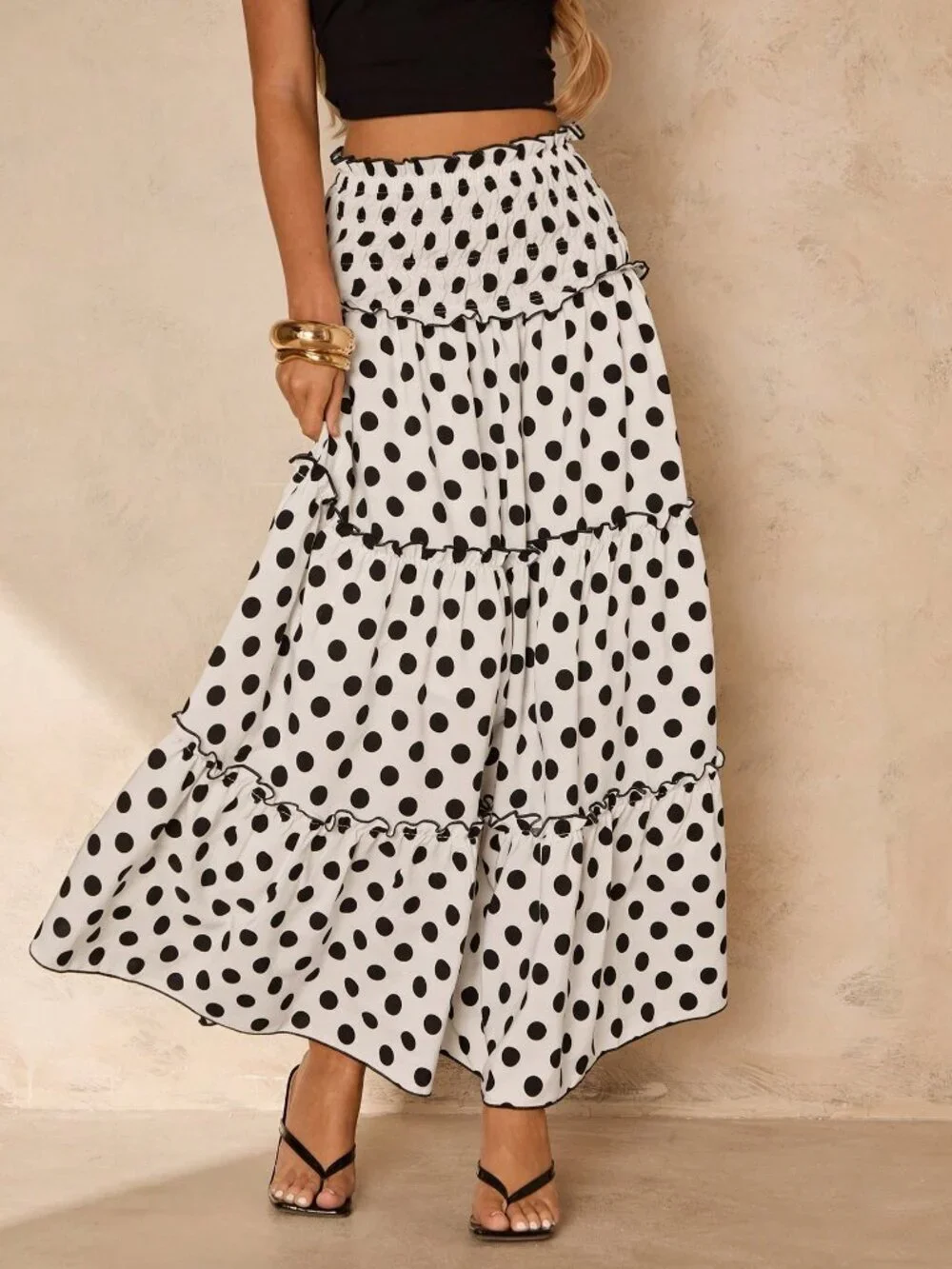 Black and White Casual Women's Polka Dot Boho Long Flare Skirt